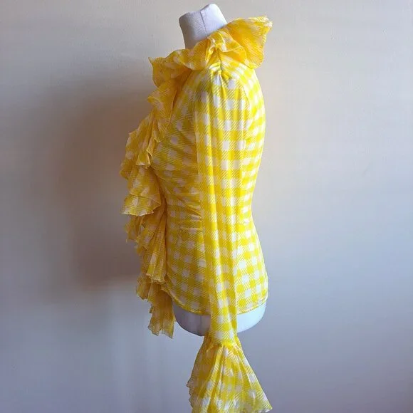 Roberto Cavalli Yellow Ruffle Sheer Silk Blouse Size 38 / XS - Picture 7 of 16